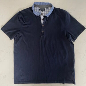 Ted Baker London SS Cotton Polo Shirt Floral Collar Navy Med Blue Wht Sz M NWOT